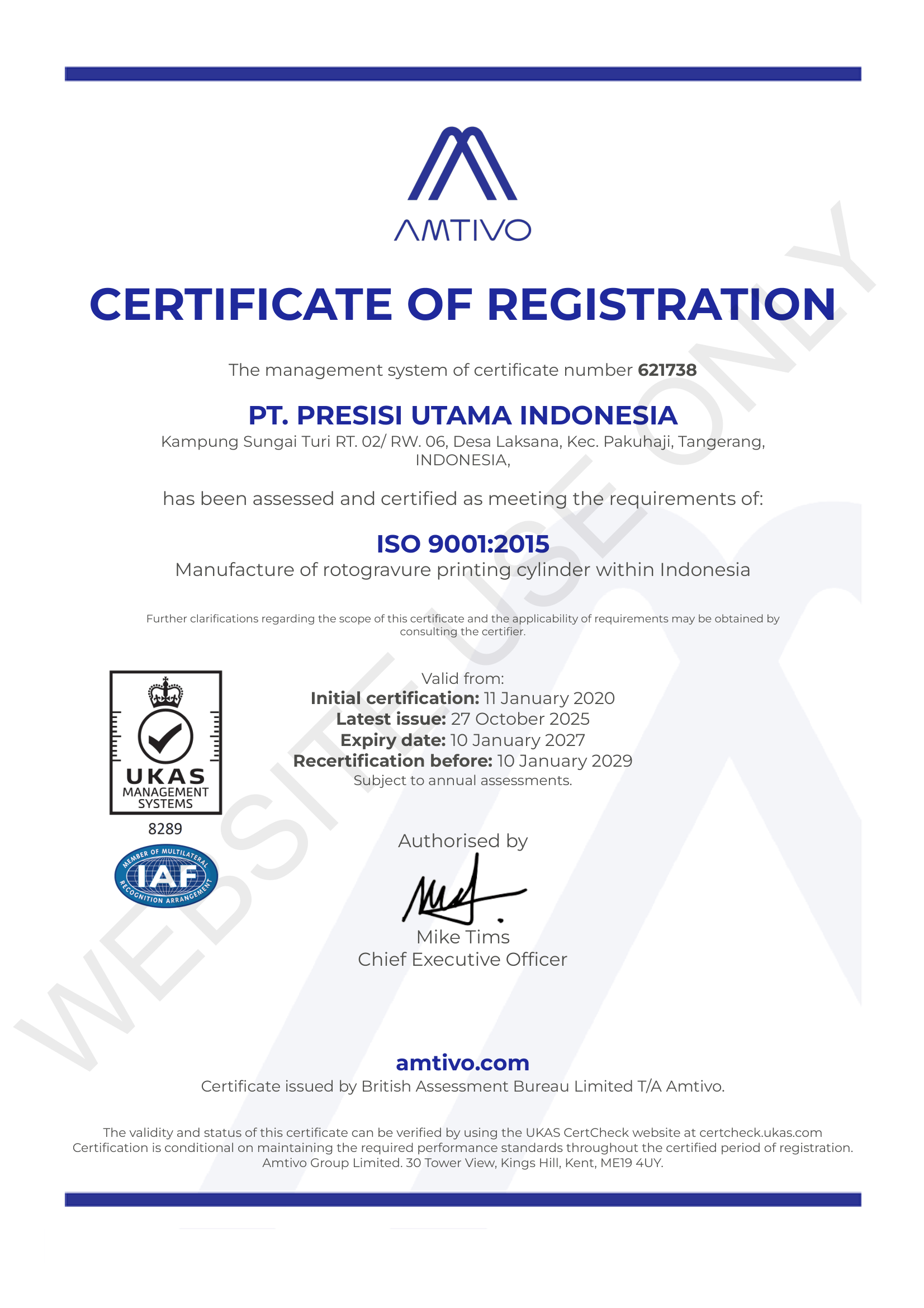 Sertifikat ISO 9001:2015 PT. Presisi Utama Indonesia
